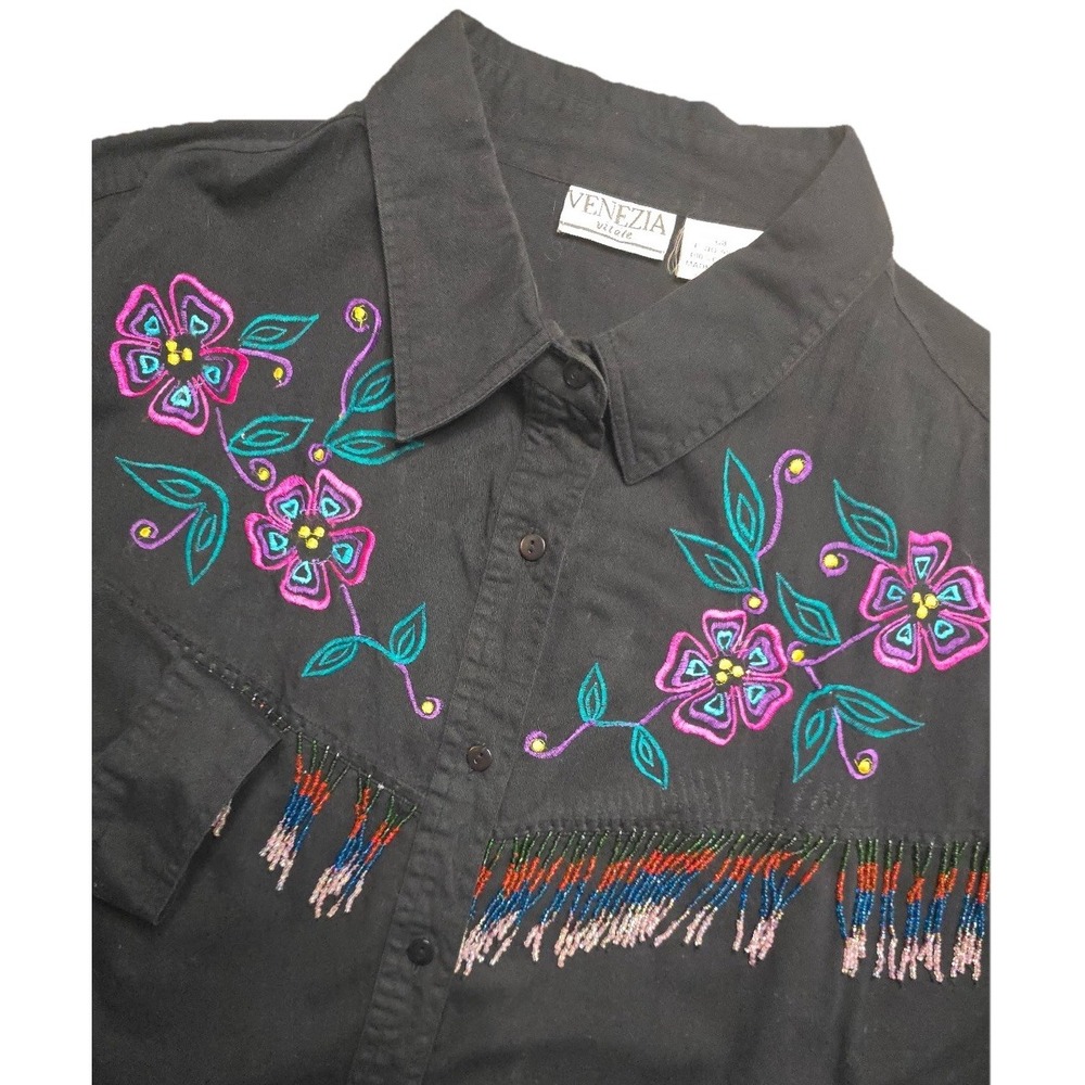 Vtg Venezia Vitale Shirt Women's 3X Black Floral Embroidered Beaded Western Boho